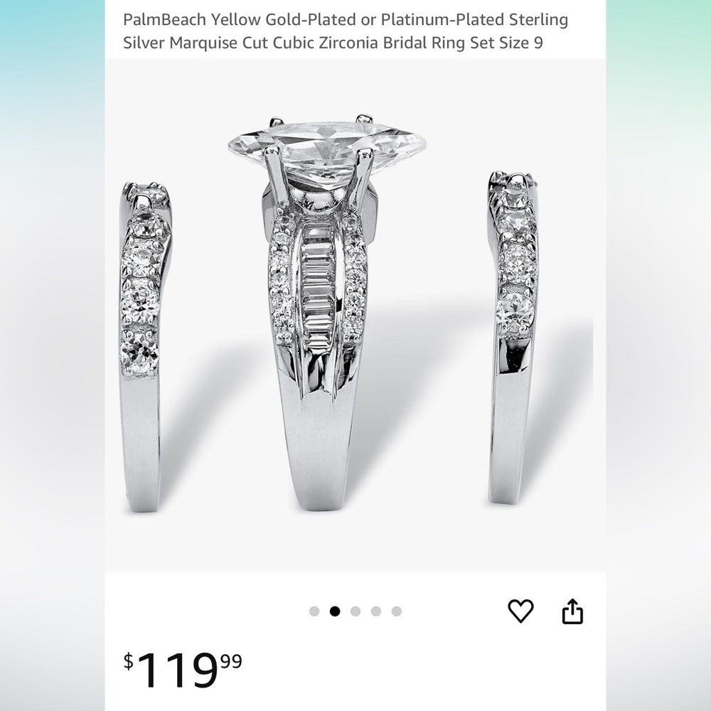 Platinum-Plated 925 Sterling Silver Marquise Cut Cubic Zirconia Bridal Ring Set - Picture 7 of 8